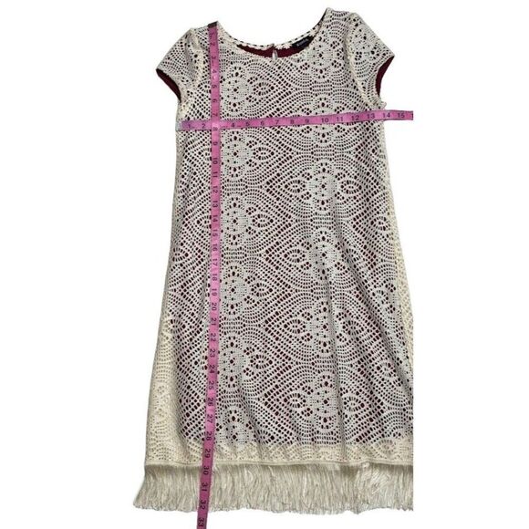 Girls Zunie Dress Ivory Lace over Burgundy‎ Lining Finge Hem Sz 12 - Picture 2 of 7